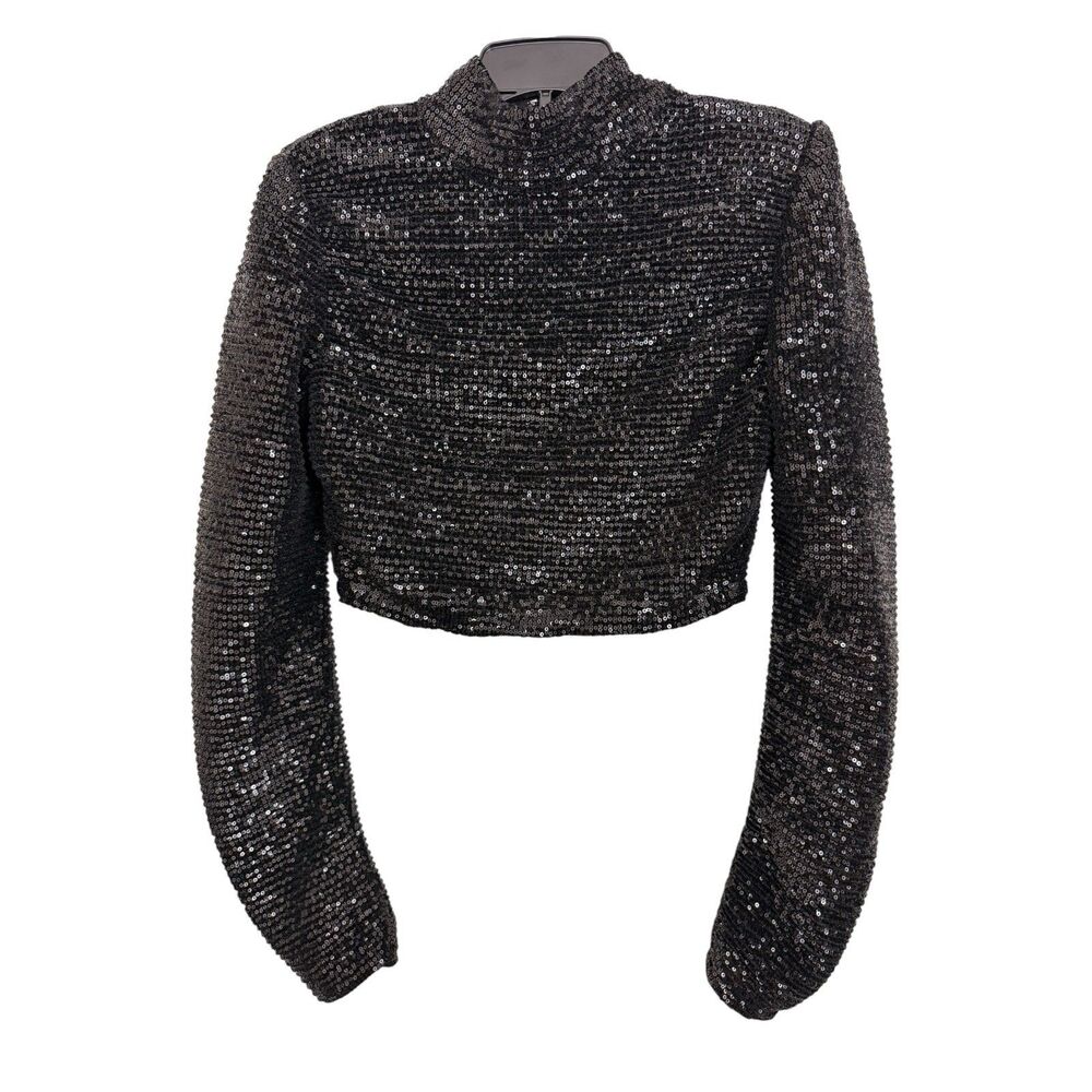 Michael Costello X Revolve Crop Top Sz M Black Sequins Mock Neck Long Sleeves